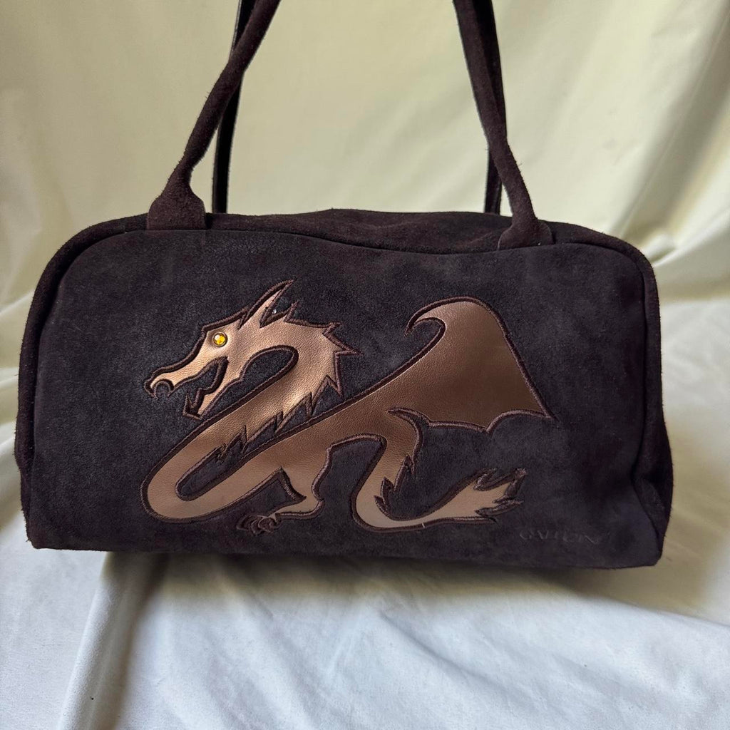 Vintage Italian Suede Barrel Bag with Metallic Dragon