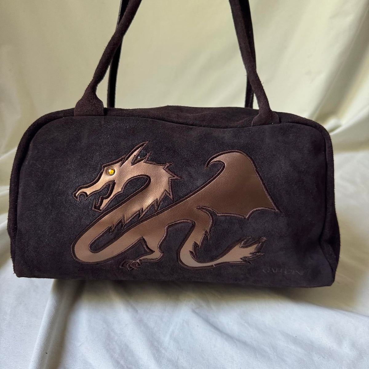 Vintage Italian Suede Barrel Bag with Metallic Dragon