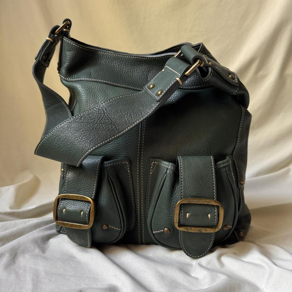 Vintage Large Green Leather Shoulder Bag With Chunky Brass Buckles