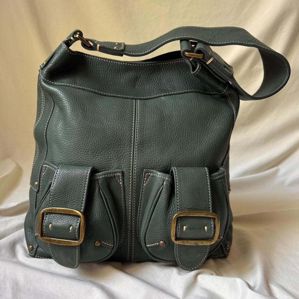 Vintage Large Green Leather Shoulder Bag With Chunky Brass Buckles