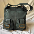 Vintage Large Green Leather Shoulder Bag With Chunky Brass Buckles