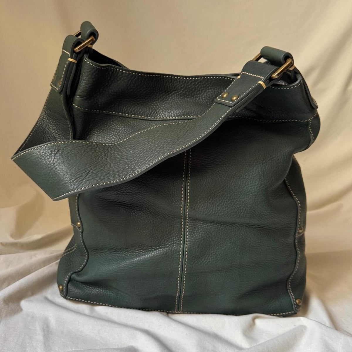 Vintage Large Green Leather Shoulder Bag With Chunky Brass Buckles