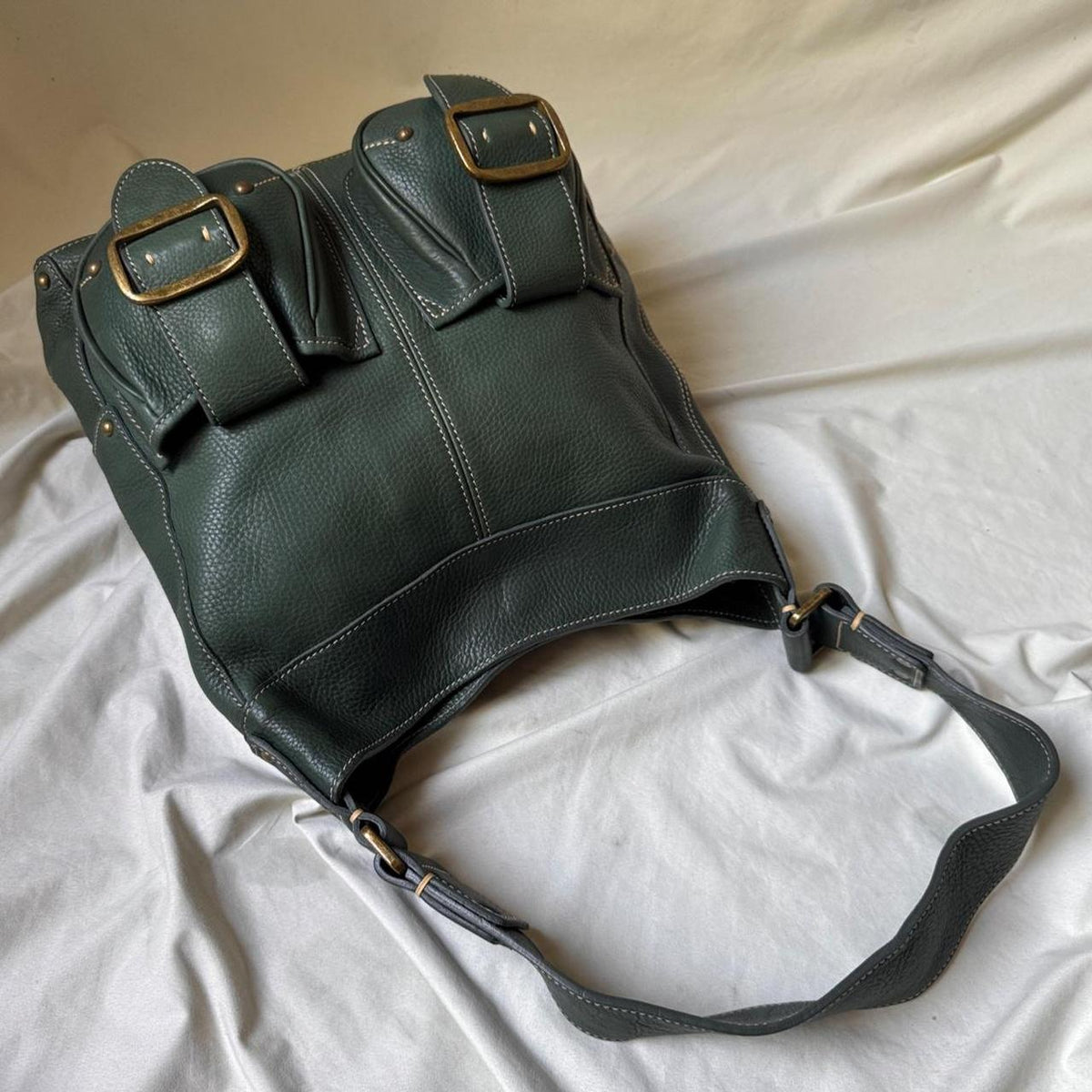 Vintage Large Green Leather Shoulder Bag With Chunky Brass Buckles