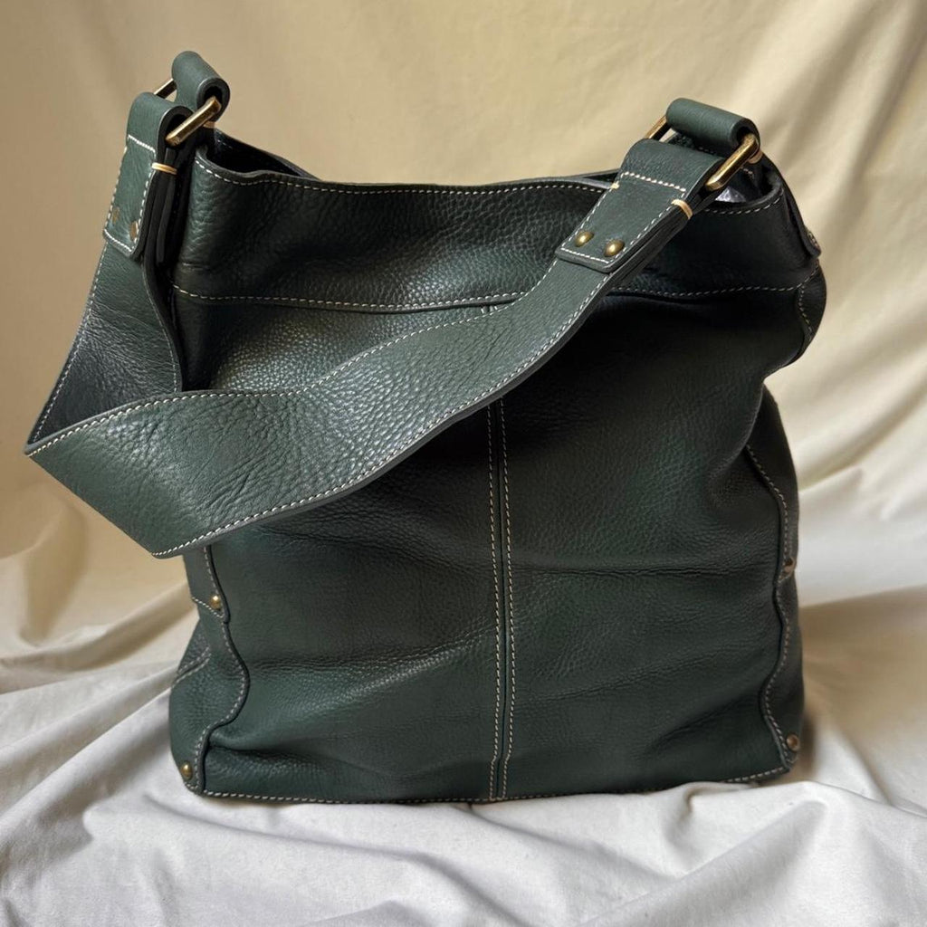 Vintage Large Green Leather Shoulder Bag With Chunky Brass Buckles