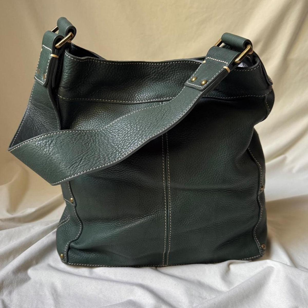 Vintage Large Green Leather Shoulder Bag With Chunky Brass Buckles