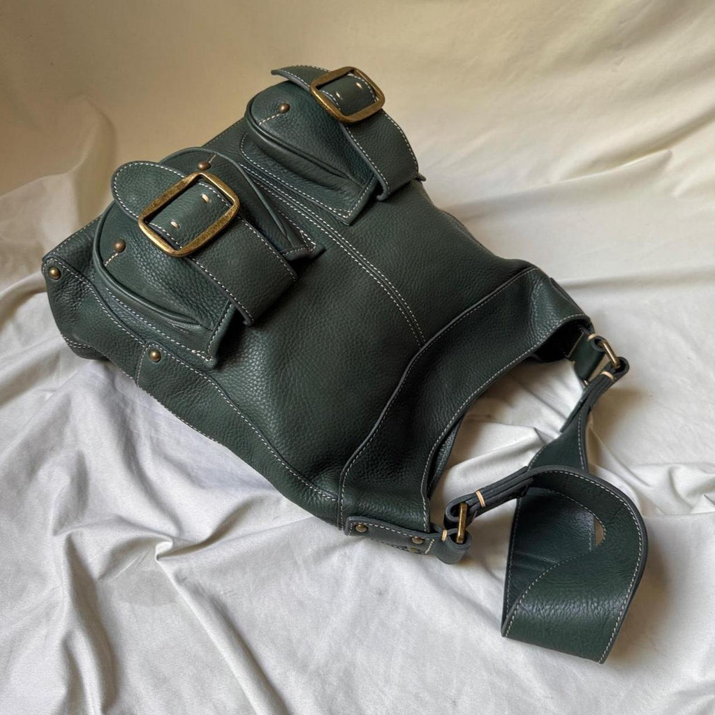 Vintage Large Green Leather Shoulder Bag With Chunky Brass Buckles