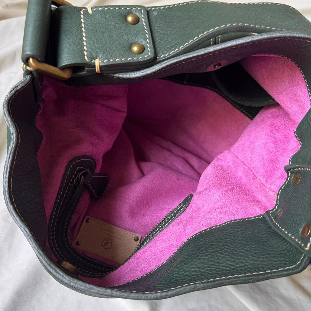 Vintage Large Green Leather Shoulder Bag With Chunky Brass Buckles