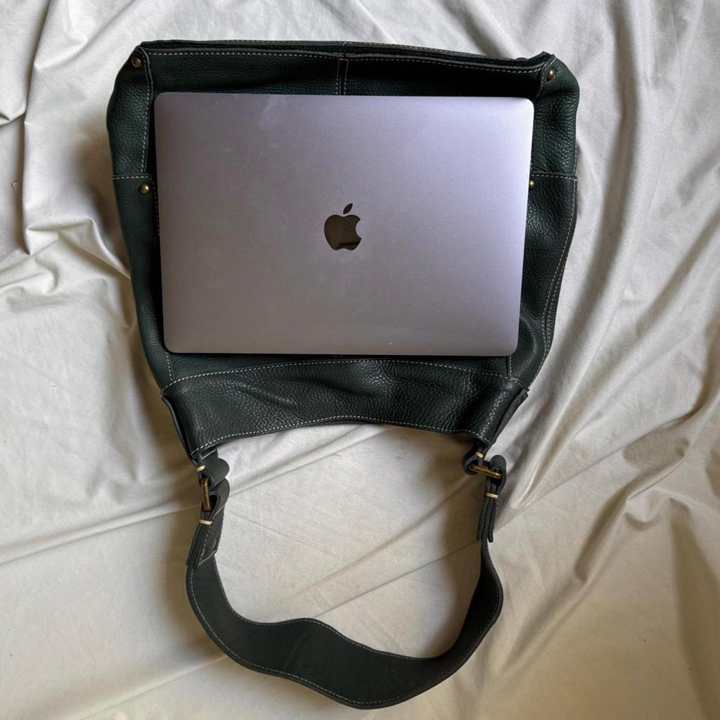 Vintage Large Green Leather Shoulder Bag With Chunky Brass Buckles